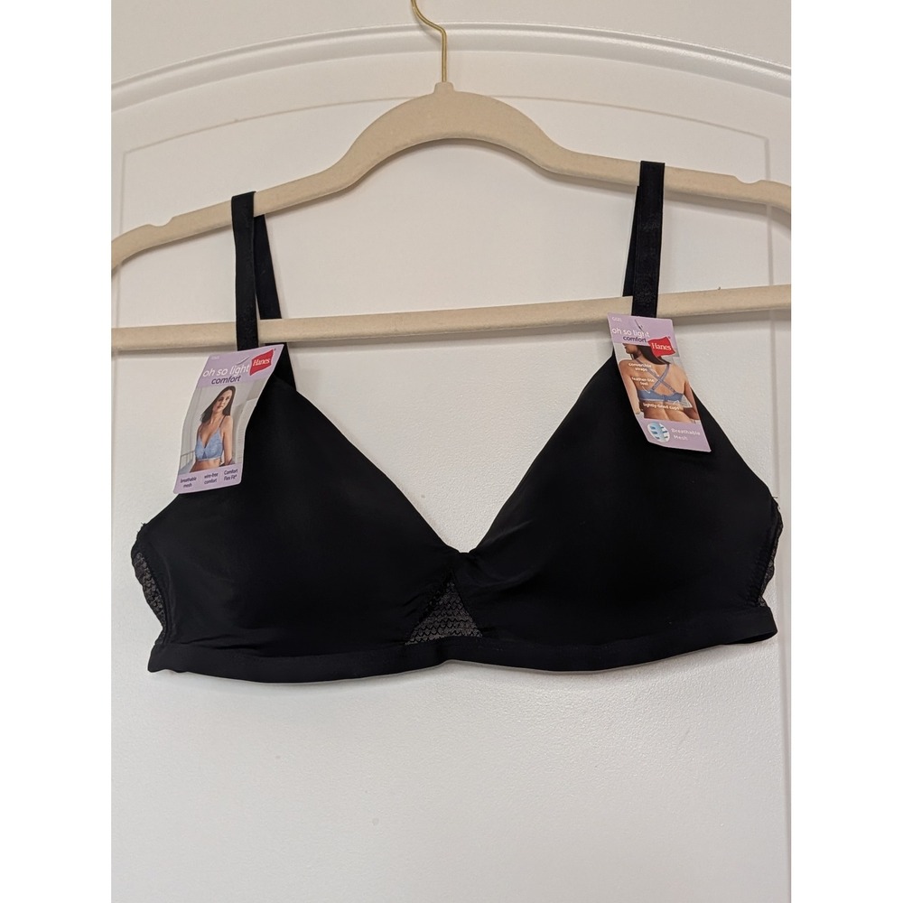 Hanes Oh So Light Comfort Wire-Free Bra Black MHG521 Mesh Convertible Straps M - Picture 2 of 7